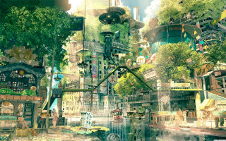 City buildings trees background digital - solarpunk free wallpaper for desktop