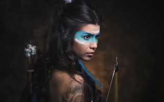 Blue makeup archer fantasy portrait - a bow and arrow free wallpaper for desktop