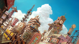 City clock tower painting sky 2 - ghibli free wallpaper