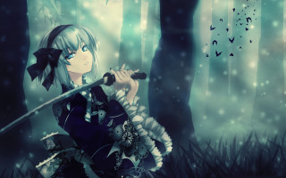 Konpaku youmu forest sword birds - a sword in a forest free wallpaper for desktop