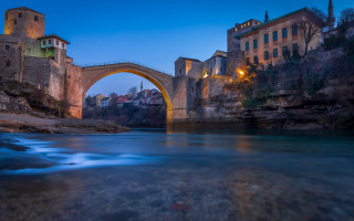 Bridge river night cityscape tiltshift - romanesque free wallpaper for desktop