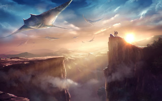Cliff dinosaur sky woman matte - clint cearley free wallpaper for desktop