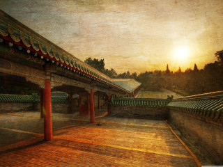 Sunset bridge building clock tower - emperor huizong of song free wallpaper