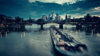 Boat city night bridge skyline - a river next free wallpaper for desktop