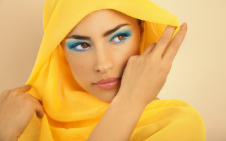 Woman blueeyes yellowheadscarf photorealistic art - a yellow scarf free wallpaper