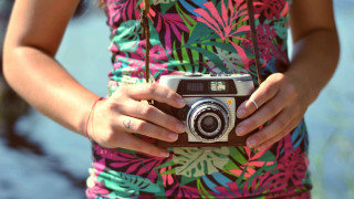 Woman camera flowered dress water - photographic free wallpaper
