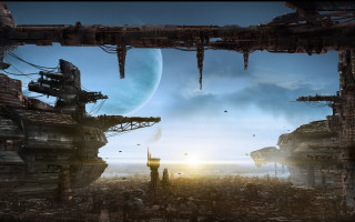 Sci fi afrofuturism cityscape mattepainting - a giant moon in the background free wallpaper