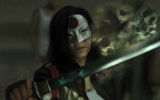 Woman sword mask smokey background - art station free wallpaper