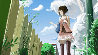Pink dress umbrella anime gothic - a fence and trees free wallpaper