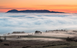 Mountain fog sunset trees horizon - a view of a mountain free wallpaper
