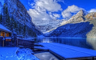 Snowy mountain lake dock cabin 2 - bob thompson free wallpaper for desktop