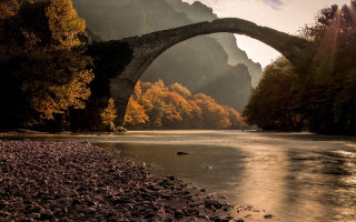 Stone bridge river mountain autumn - rock and pebbles free wallpaper