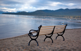 Bench beach ocean mountains sky - the ocean and mountains free wallpaper