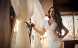 Woman white dress window curtains 2 - curtain free wallpaper