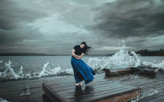 Woman dock stormy waterfront surreal - surreal photography free wallpaper