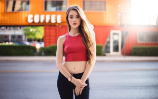 Woman red top street portrait - livia prima free wallpaper