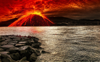 Volcano orange water shore matte - matte painting free wallpaper for desktop