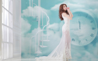 Woman white dress clock wall - a clock in the background free wallpaper