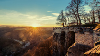 Stone bridge benches sunset valley - the valley below free wallpaper