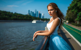 Woman blue skirt water city - artur tarnowski free wallpaper