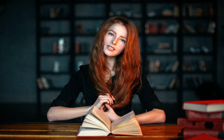 Woman sitting book reading library - academic art free wallpaper