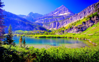 Mountain lake forest sky path - green grass free wallpaper