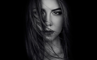 Woman longhair blackbackground portrait greyscale - photo free wallpaper