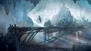 Futuristic city giant bridge waterfall - matte painting concept art free wallpaper for desktop