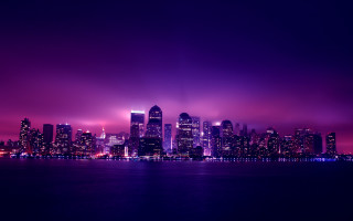 Purple sky cityscape water bridge - a purple sky and water free wallpaper