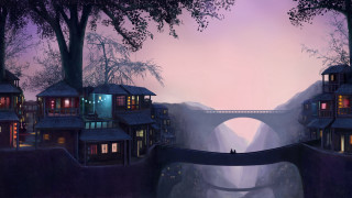 Bridge river houses night pink - house free wallpaper