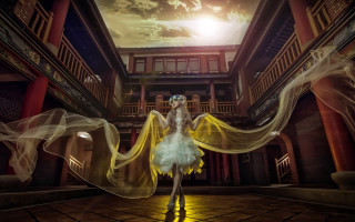 Woman white dress yellow veil - chen chun free wallpaper for desktop