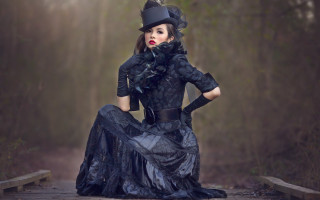Woman black dress hat woods - a wooden platform free wallpaper