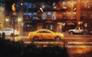 Yellow car rainy street umbrella - a yellow car free wallpaper