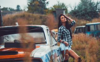 Woman car field truck denim - lowbrow free wallpaper for desktop