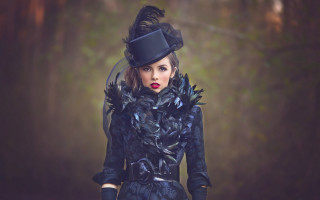 Gothic fashion portrait blackdress featherhat - dress free wallpaper