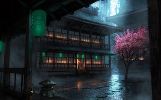 Japanese house rain night lantern - a lantern free wallpaper for desktop