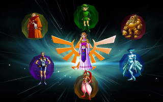 Cartoon characters circle black background - free neon wallpaper for desktop