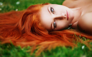 Red haired woman lying grass - evaline ness free wallpaper for desktop