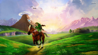 Man riding horse field mountains - game art free wallpaper for desktop