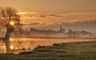 Foggy sunrise lake tree church - foggy free wallpaper for desktop