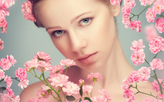 Blue eyes pink flowers smiling - facial feature free wallpaper