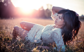 Woman grass field blowing hair - a field of grass free wallpaper for desktop