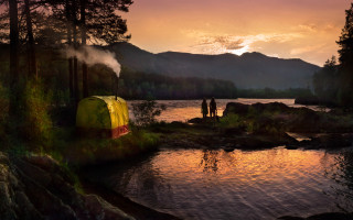Tent river sunset couple matte - a tent free wallpaper