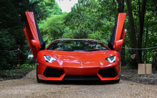 Red sports car open doors 4 - a dirt road in front free wallpaper