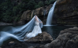 Woman wedding dress waterfall rock - a woman in a wedding dress free wallpaper