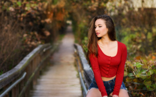 Woman red shirt jean shorts - area free wallpaper
