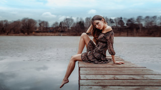Woman dock lake portrait fashion - free vintage wallpaper