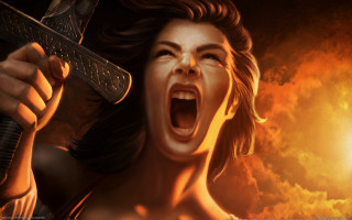 Woman screaming knife fireball sky - a sky background behind her free wallpaper