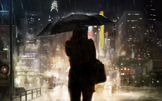Rainy cityscape night umbrella cyberpunk - a cityscape in the background free wallpaper for desktop