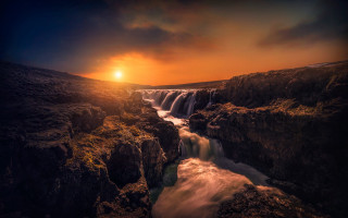 Waterfall sunset river mountains cityscape - water free wallpaper